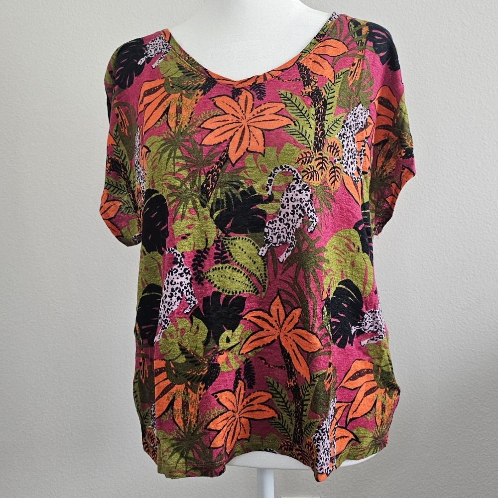 C&C California 100% Linen Tropical Print Short Sleeve Blouse Medium